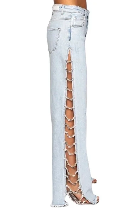 

Loose Fit Casual Denim Jeans Women's Long Trousers with Chain Detailing Destroyed Straight Leg Summer Faion Ladies' Jeans