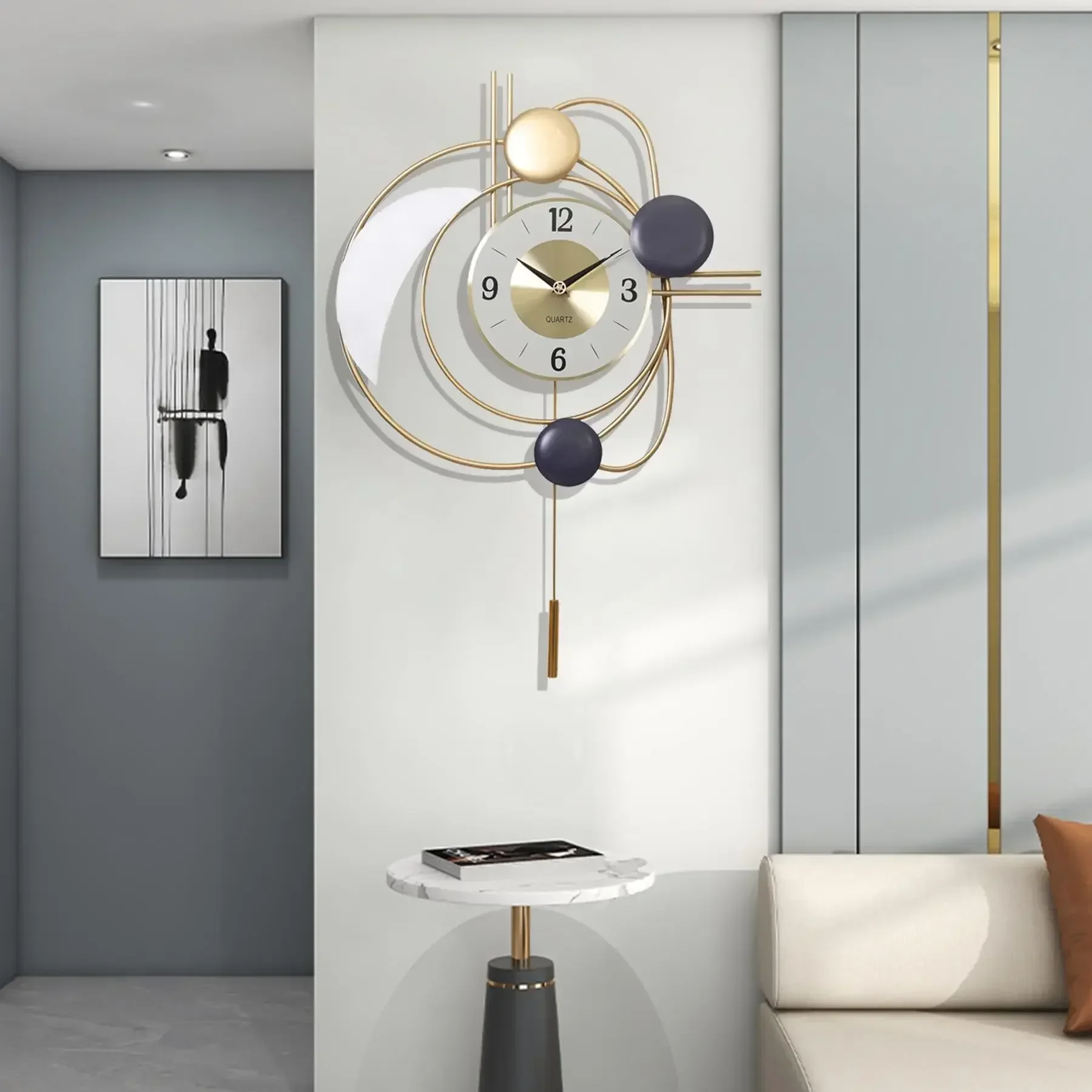 ساعات حائط ذهبية كبيرة لغرفة المعيشة الحديثة ساعة بندول موضة إبداعية ساعة حائط للمطبخ دون موقوتة للضوضاء للديكور