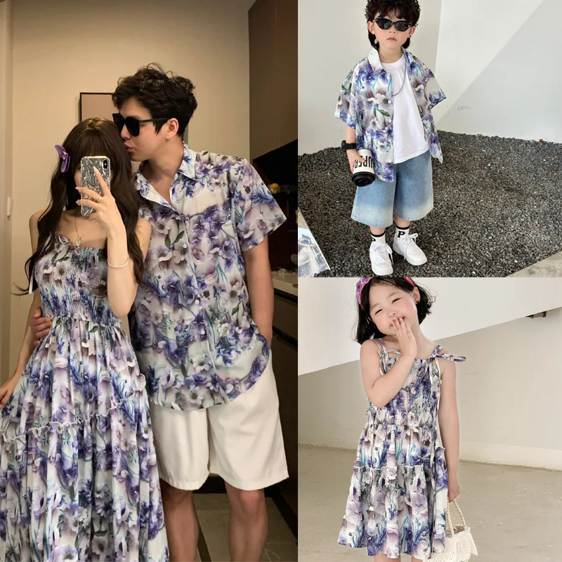 Couple Vacation Family Brother Sister Outfits Mom Daughter Floral Smock Dresses Dad Son Beach Shirts Korean Parent-child Clothes