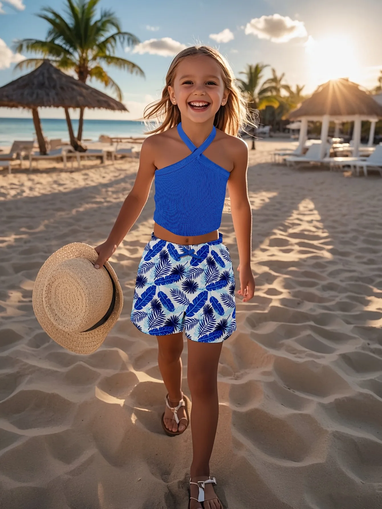 2-Piece Tropical Print Halter Top & Shorts Set Girls Summer Beach Vacation Outfit