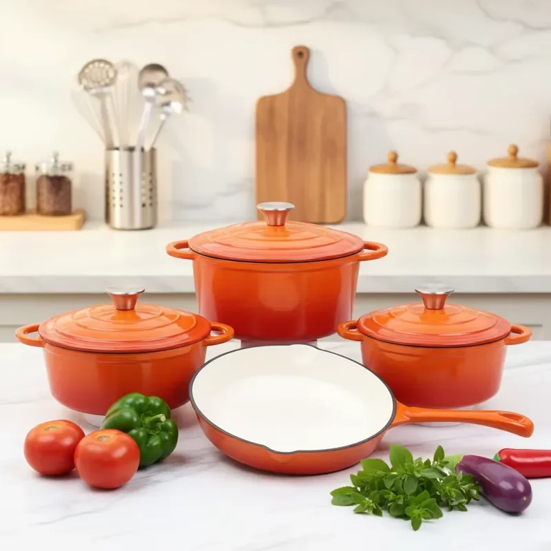 Modern 7 Piece Durable Non Stick Enamel Cast Iron Cookware Set Includes Casserole Dutch Oven Grill Saucepan and Fryer