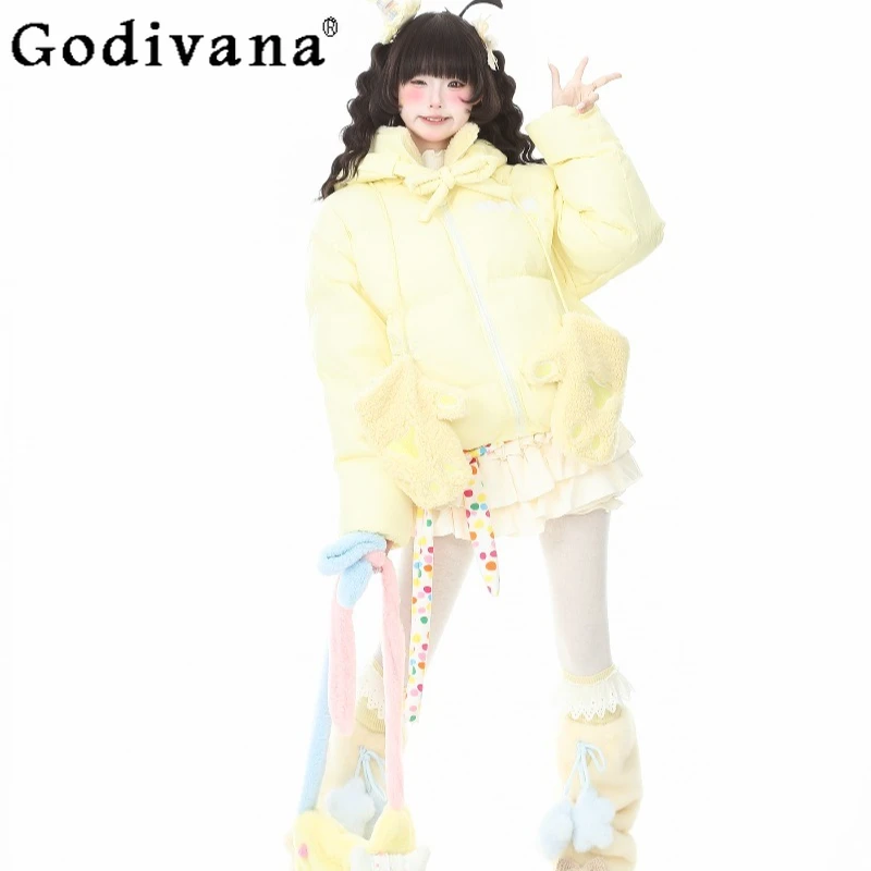 سترات شتوية بغطاء للرأس مطرزة للنساء بأكمام طويلة سترات لطيفة مع قفازات معطف دافئ وردي على الطراز الياباني للسيدات #6