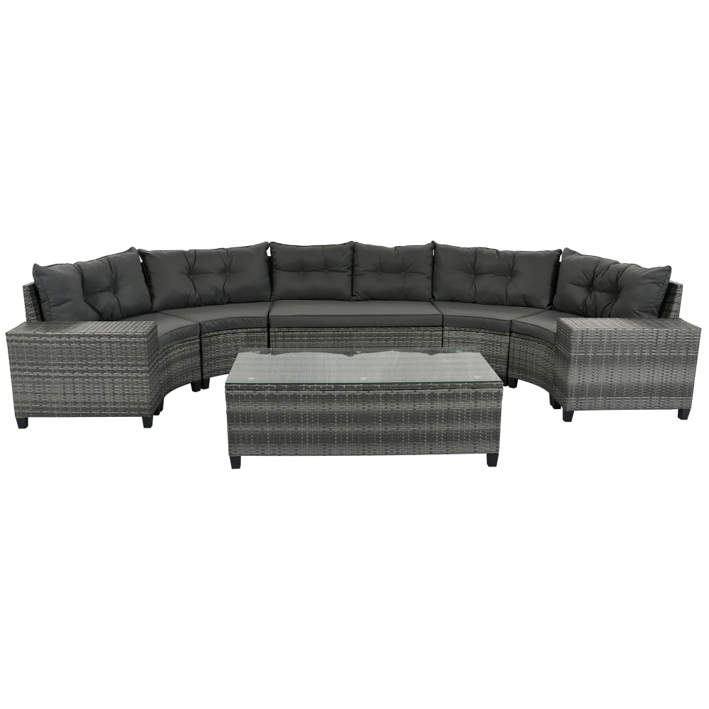 

8-pieces Outdoor Wicker Round Sofa Set, Half-Moon Sectional Sets All Weather, Curved Sofa Set With Rectangular Coffee Table, PE Rattan, Movable Cushion, Gray