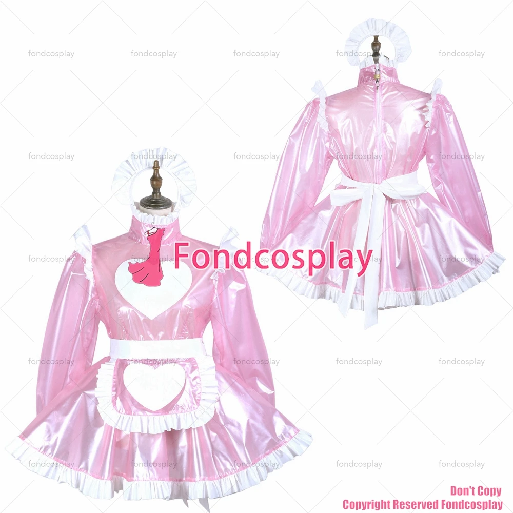 

fondcosplay adult sexy cross dressing sissy maid short baby pink clear pvc dress lockable Uniform Heart apron CD/TV[G3717]