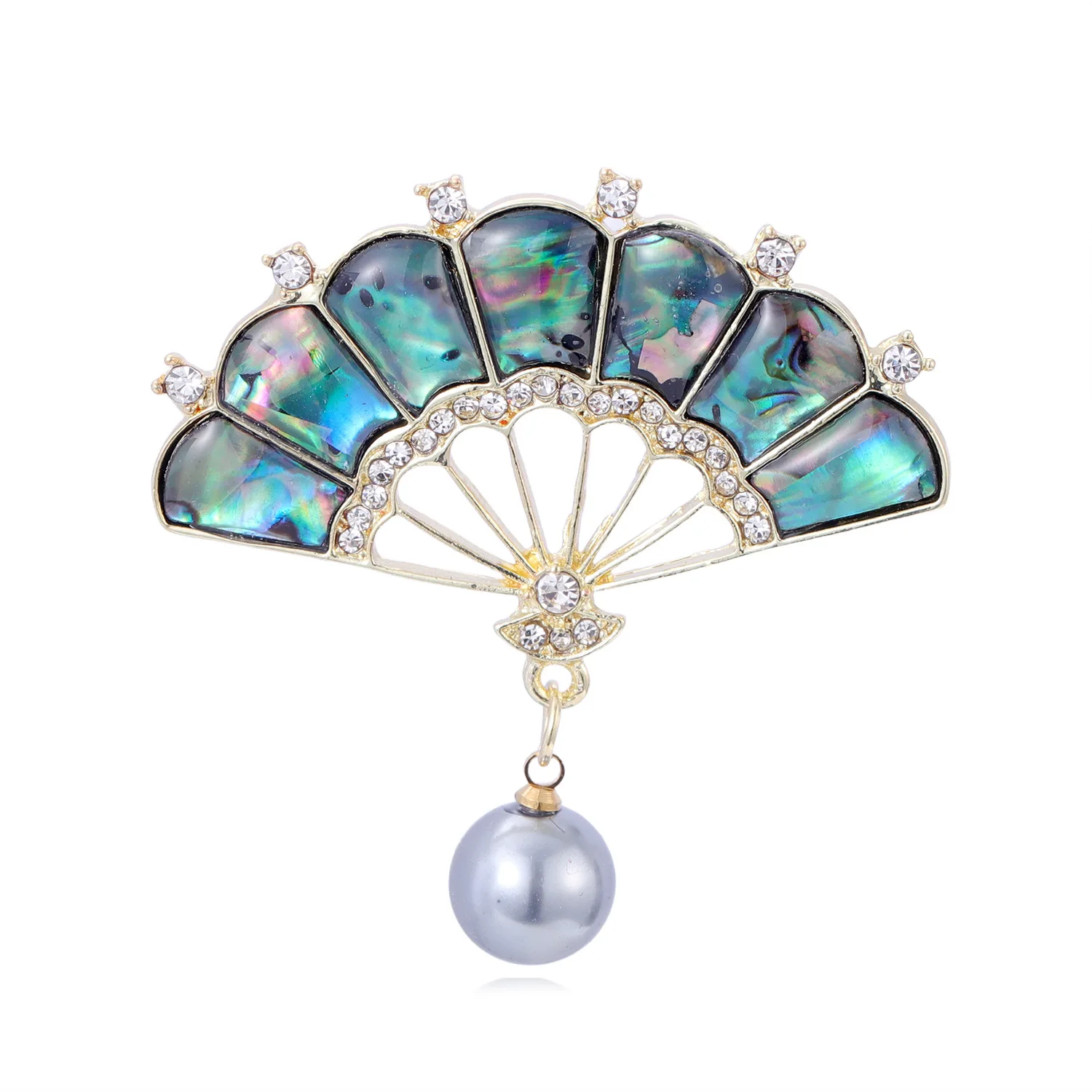 European and American fashion temperament rhinestone abalone shell fan brooch elegant and generous women's clothing corsage jewe