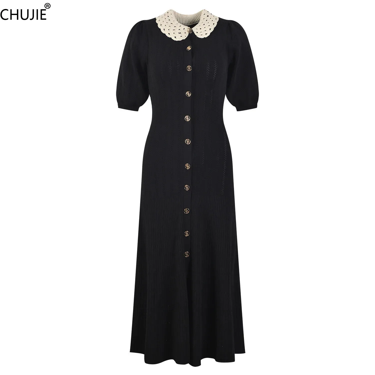 

CHUJIE Women's Dress Hook Flower Hollow Lace Collar Bubble Sleeve Single Row Gold Buckle Knitted Dress 2025 Spring New