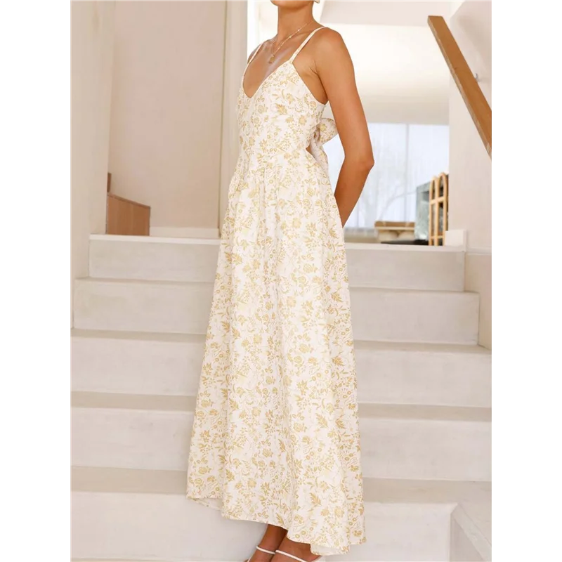 A09P Womens 2025 Summer Maxi Dress Sleeveless Floral Smocked Boho Beach Long Dress