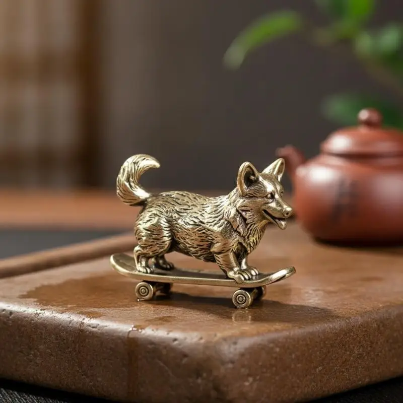 Brass Skateboard Dog Miniature Figurine – Fun Desktop Ornament, Lucky Mascot, And Tea Pet Collectible For Home Or Office
