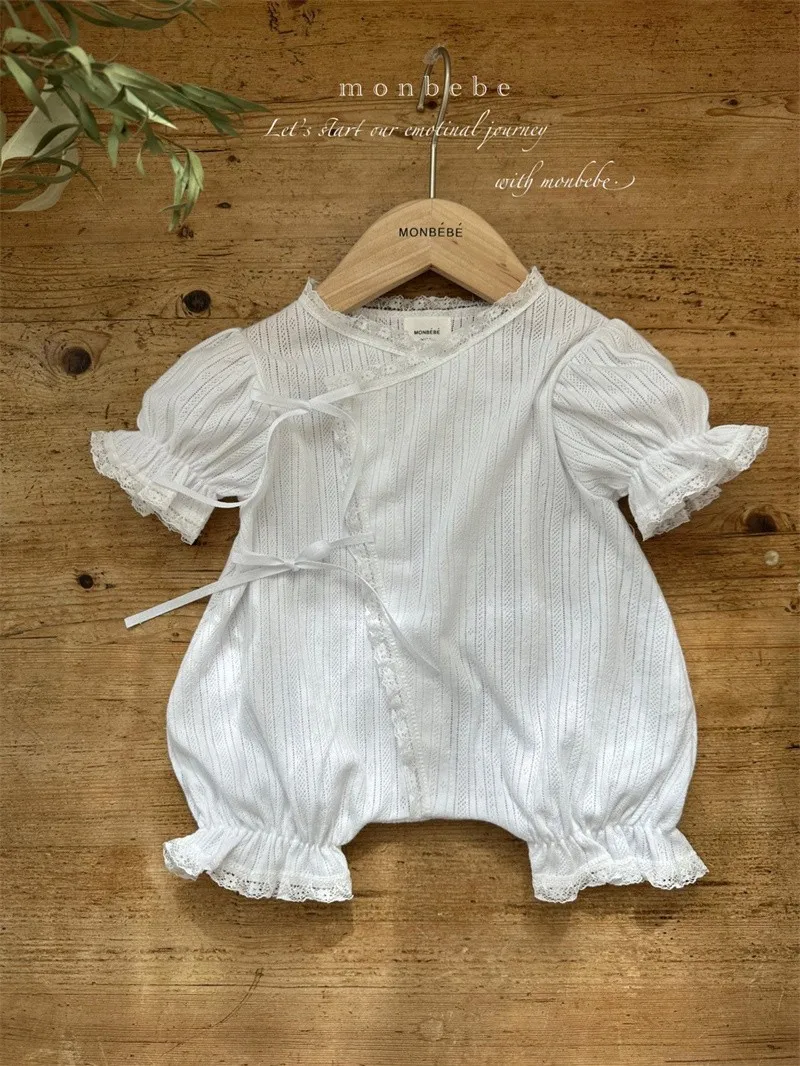 2024 Summer New Baby Diagonal Placket Lace Romper Girls Short Sleeve Lace Jumpsuit Newborn White And Apricot Bodysuit Clothes