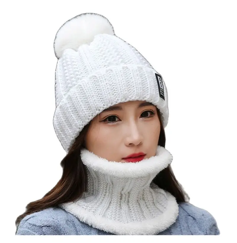 Winter Hat Womens Beanie Hats Thick Warm Skullies Winter Women Knitted Hat B Letter Bonnet Beanie Cap Cycling Hat Scarf 2pc Sets