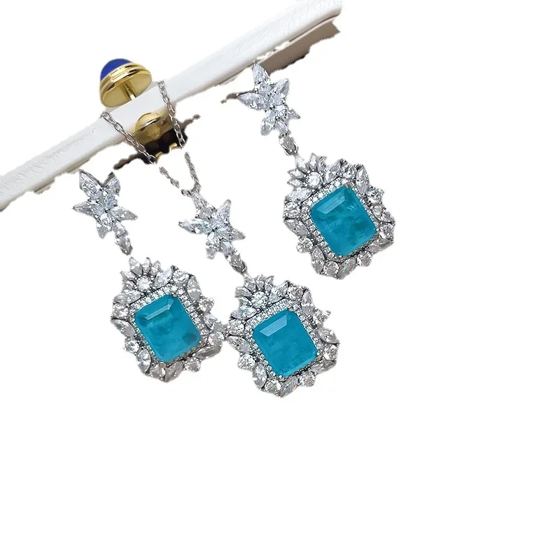 

5 Carat Artificial Paraiba Necklace Pendant Jewelry Set 925 Sterling Silver Luxury Precision Wedding Jewelry