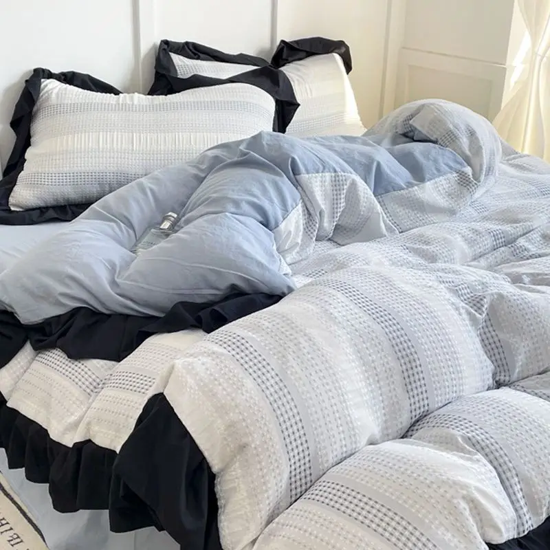 Simple Waffle Ins Washed Bedding Set Four-piece Set Non-cotton Pure Cotton Quilt Cover Bed Sheet Three-piece Set Dormitory