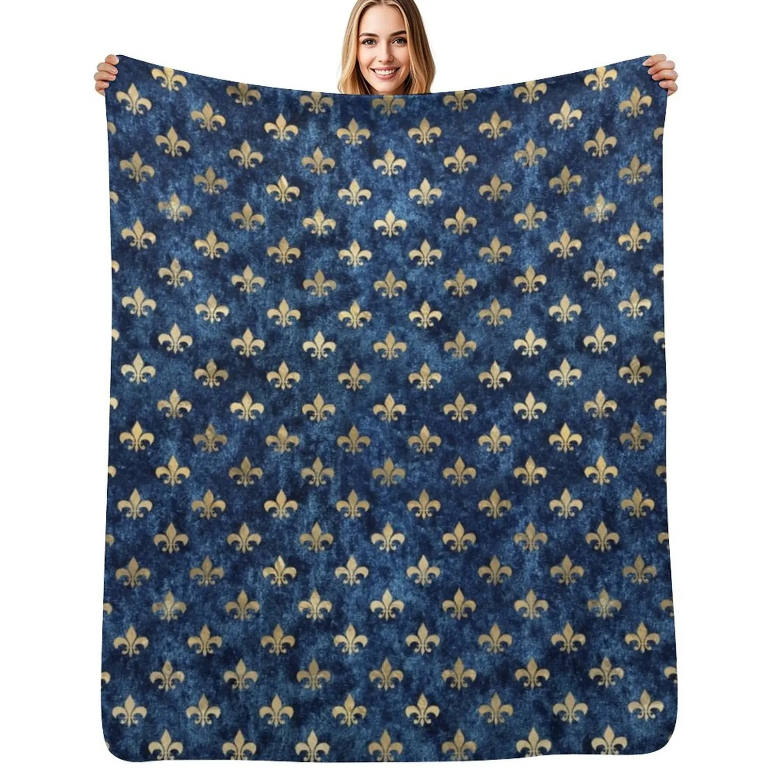 

Old Blue Golden Fleur De Lis Pattern Throw Blanket Travel Size Cozy Blanket for Plane Train