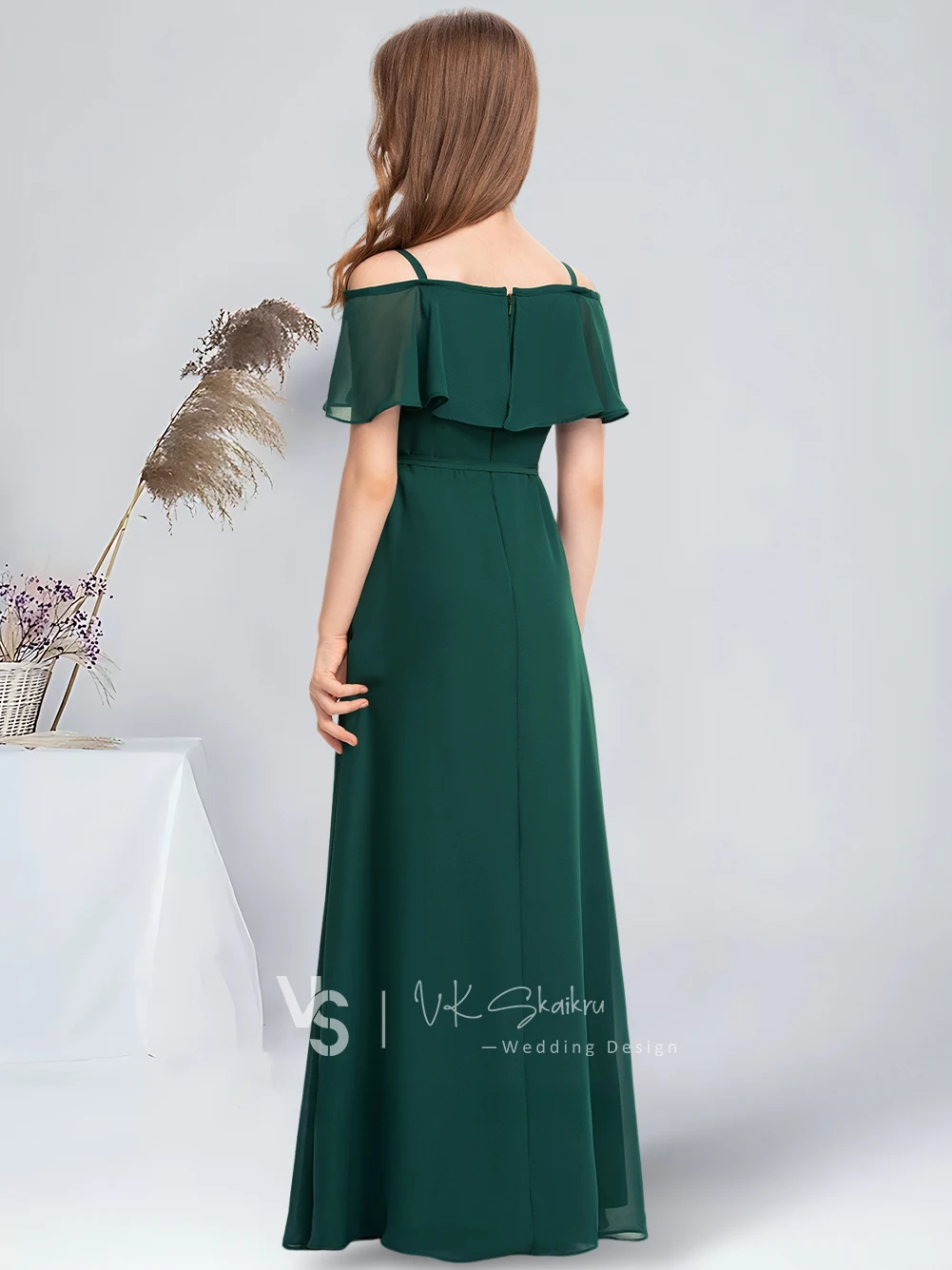 A-line V-Neck Floor-Length Chiffon Junior Bridesmaid Dress With Bow Cascading Ruffles Dark Green Flower Girl Dress for Wedding