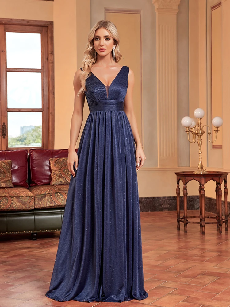 Lucyinlove Luxury A-line Evening Dress Women 2024 Floor Lenght Backless Formal Deep V-neck Blue Caicktail Wedding Party Prom