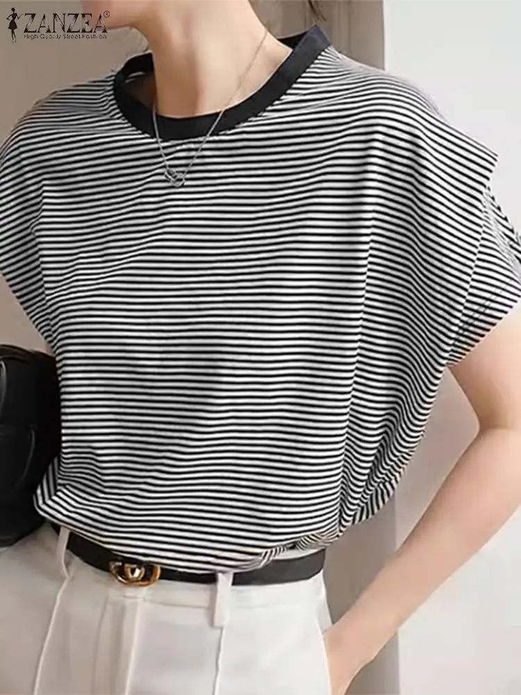 ZANZEA Women Summer Blouse Double Layer Short Sleeve Stripes Blusas 2024 Korean Harajuku Tops Fashion Casual Round Neck Shirts