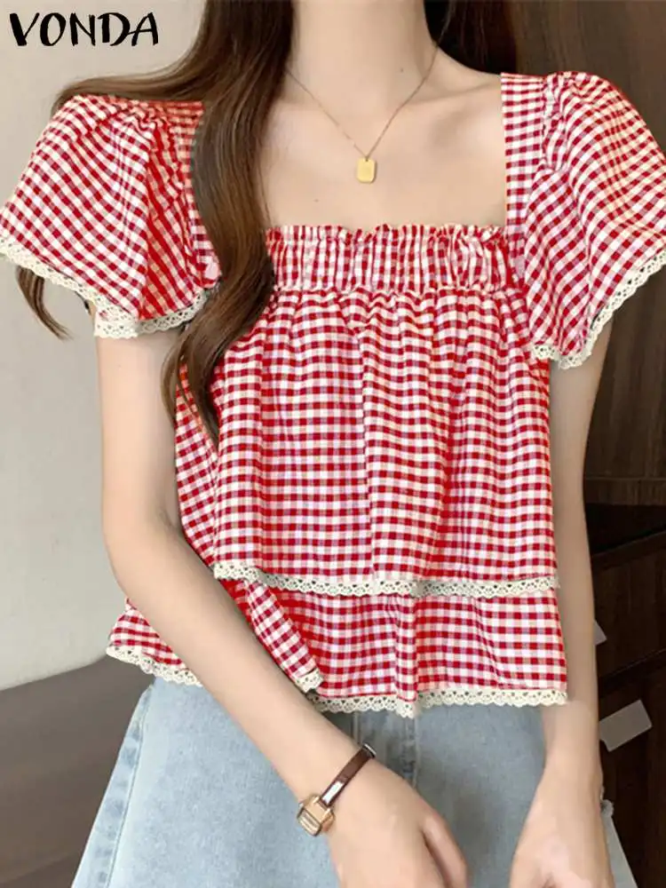 VONDA 2024 Vintage Summer Blouses Fashion Women Sqaure Collar Plaid Tunic Tops Short Puff Sleeve Casual Loose Lace Ruffled Shirt