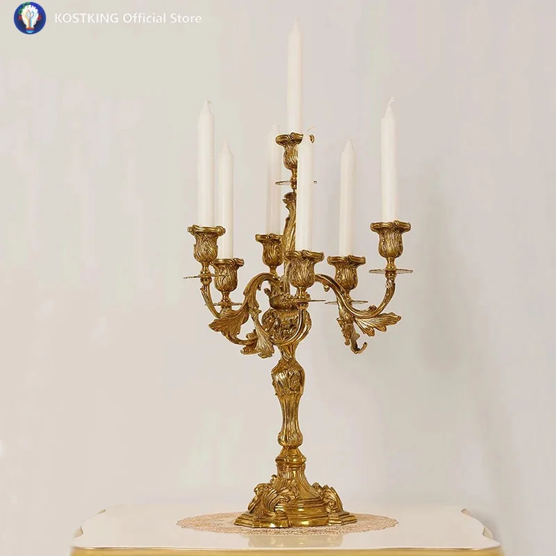 French Vintage Luxury Brass Decorative Candlestick European Candle Villa Living Dining Room Dewaxing Copper Craft