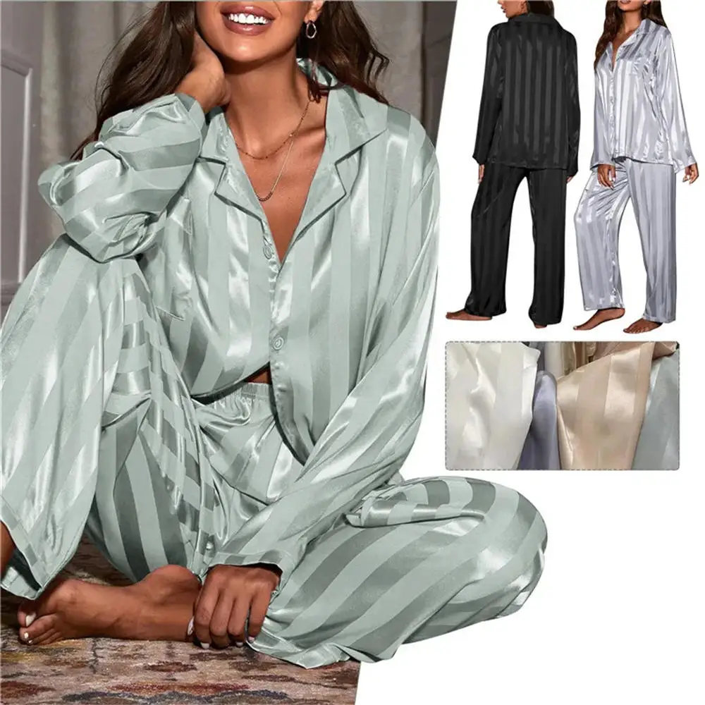 

Women's Summer Striped Pajama Set Long Sleeve Top Trousers Silk Satin Home Suit Spring Loose Casual Sleepwear Female Nightwear