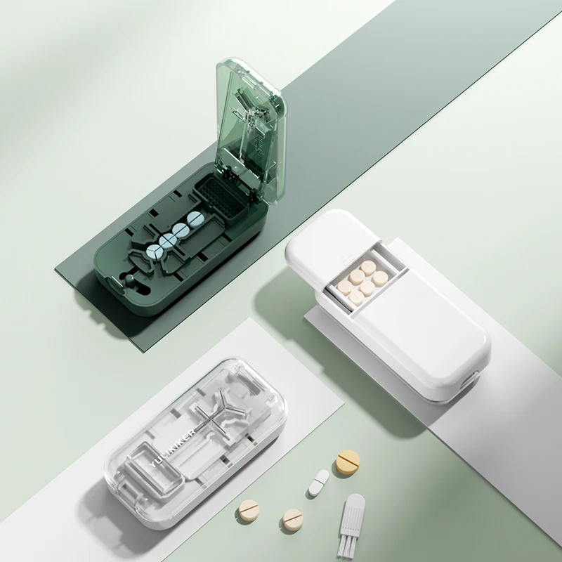 

Portable Pill Cutter—Halves, Thirds, and Quarters; Includes a Pill Storage Compartment for Storing Medication