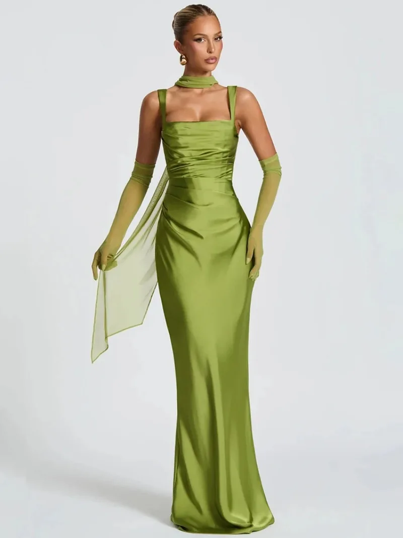 2025 Fashion Satin Backless Sexy Maxi Dress Women Elegant Halter Off-shoulder Sleeveless Lace-up Bodycon Club Party Long Dresses