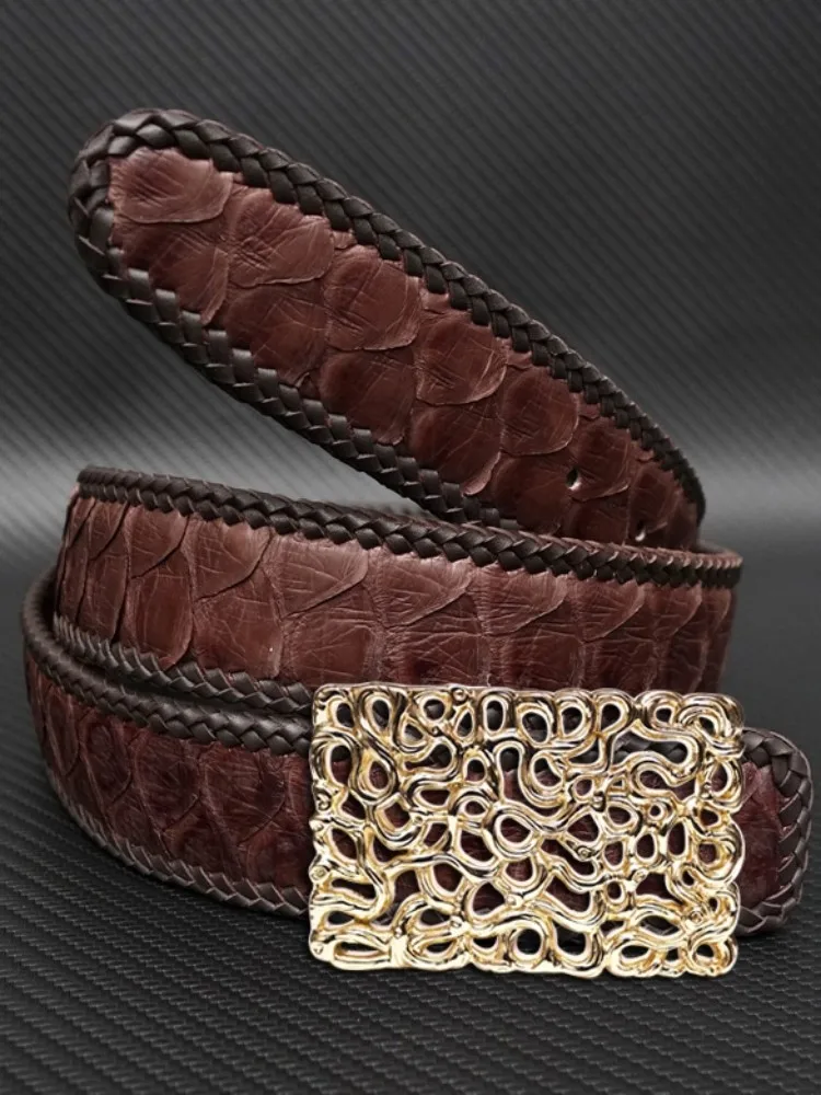 Luxury Mens Genuine Leather Snake Skin Belt Long Business Casual Fashion Weave Serpentine Belt Male