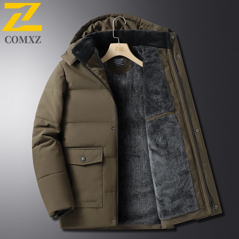 

Brand Mens Padded Jacket Fleece Lined Hiking Travel Cold Resistant Parka Coats Detachable Hood Middle Aged Warm Winter Jackets