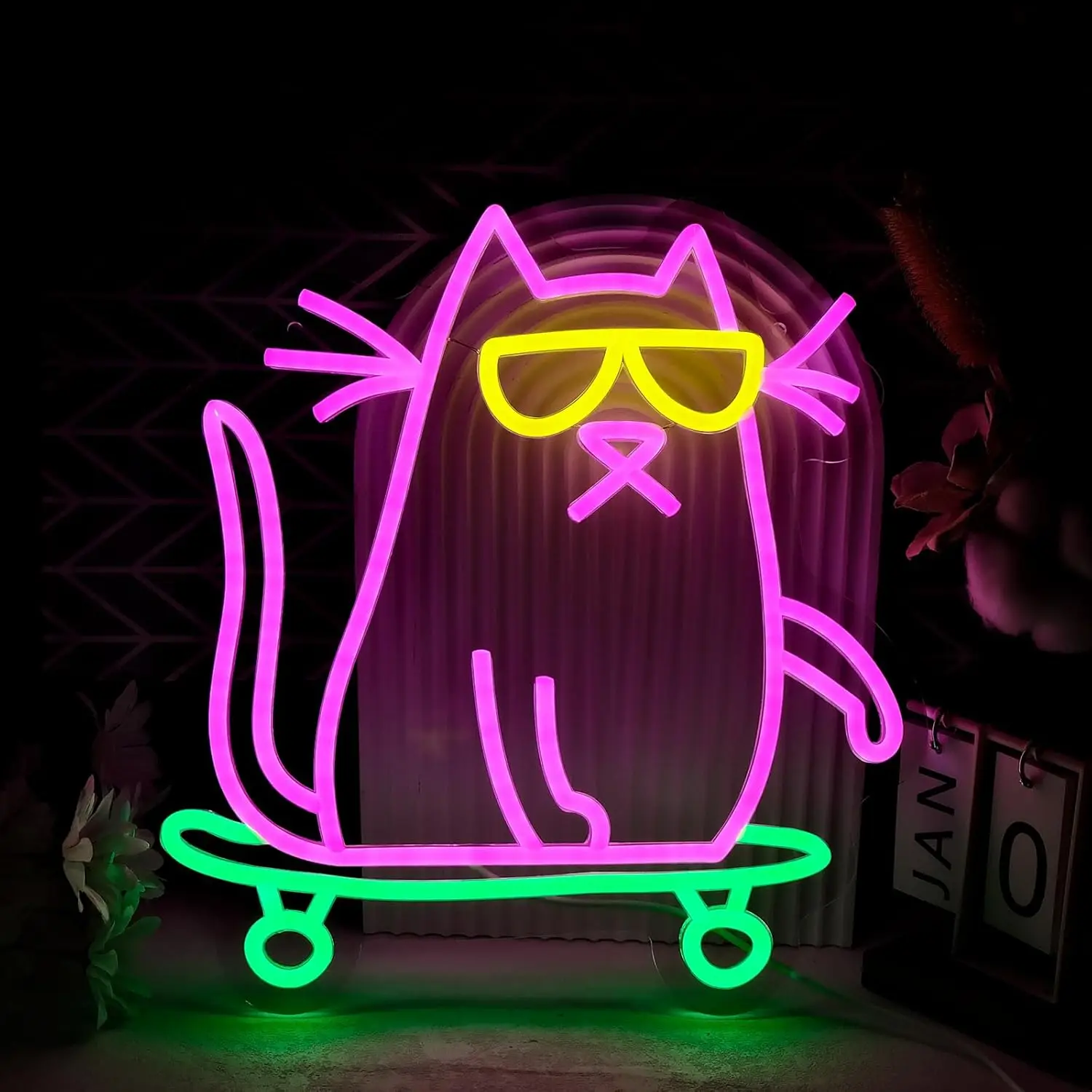 クールなスケートボード猫ledネオンサイン装飾、usb調光式ネオンライト、スケートショップ、スタジオ、カフェ、パティオ、ティーンルームの装飾ギフトに