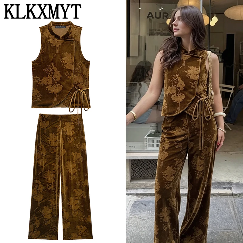 KLKXMYT Chic Print Long Pants Set Women Fashion Flat Velvet Bow Tied Top 2026 New Commute Casual Woman Outfit