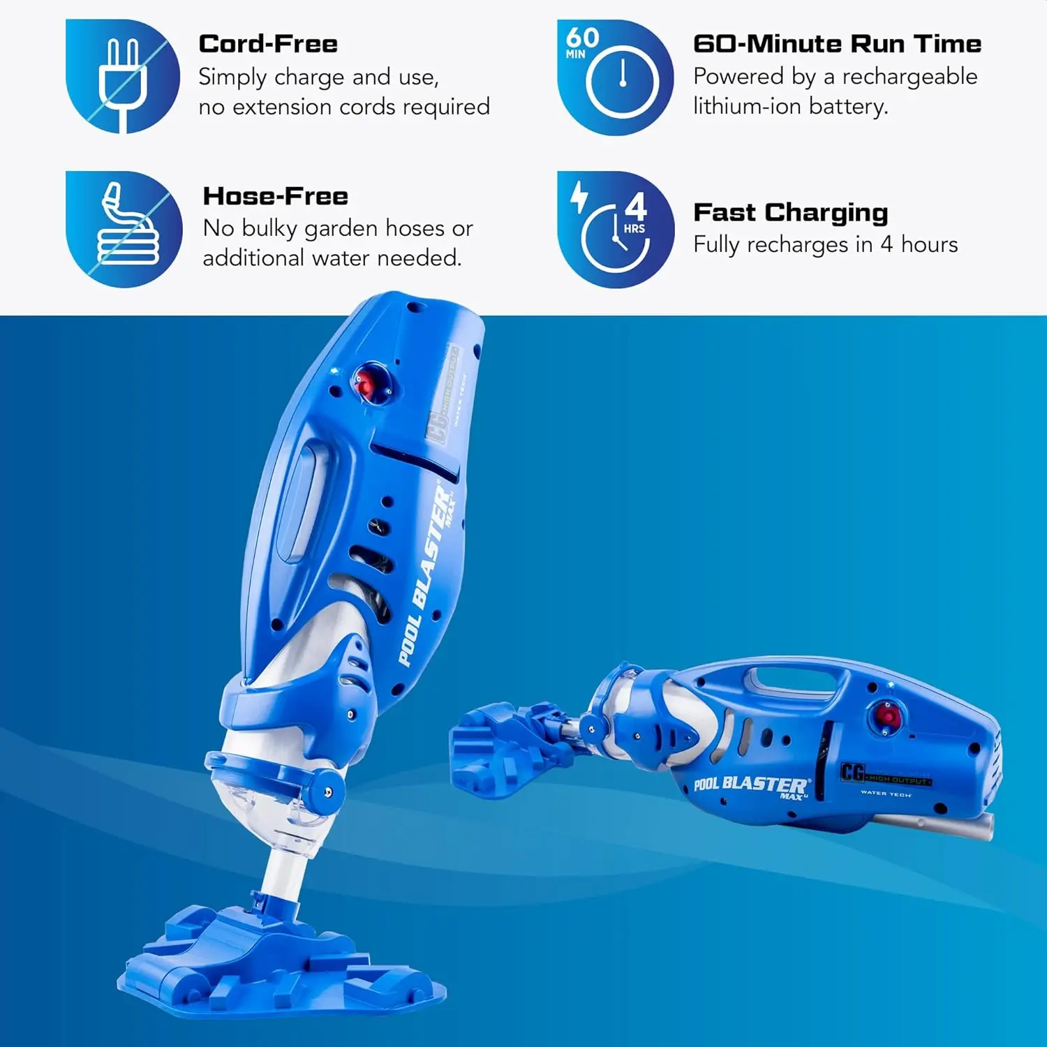 Commercial Grade Cordless Rechargeable Pool Vacuum, High Capacity, 60 min Run Time, for In-Ground and Above