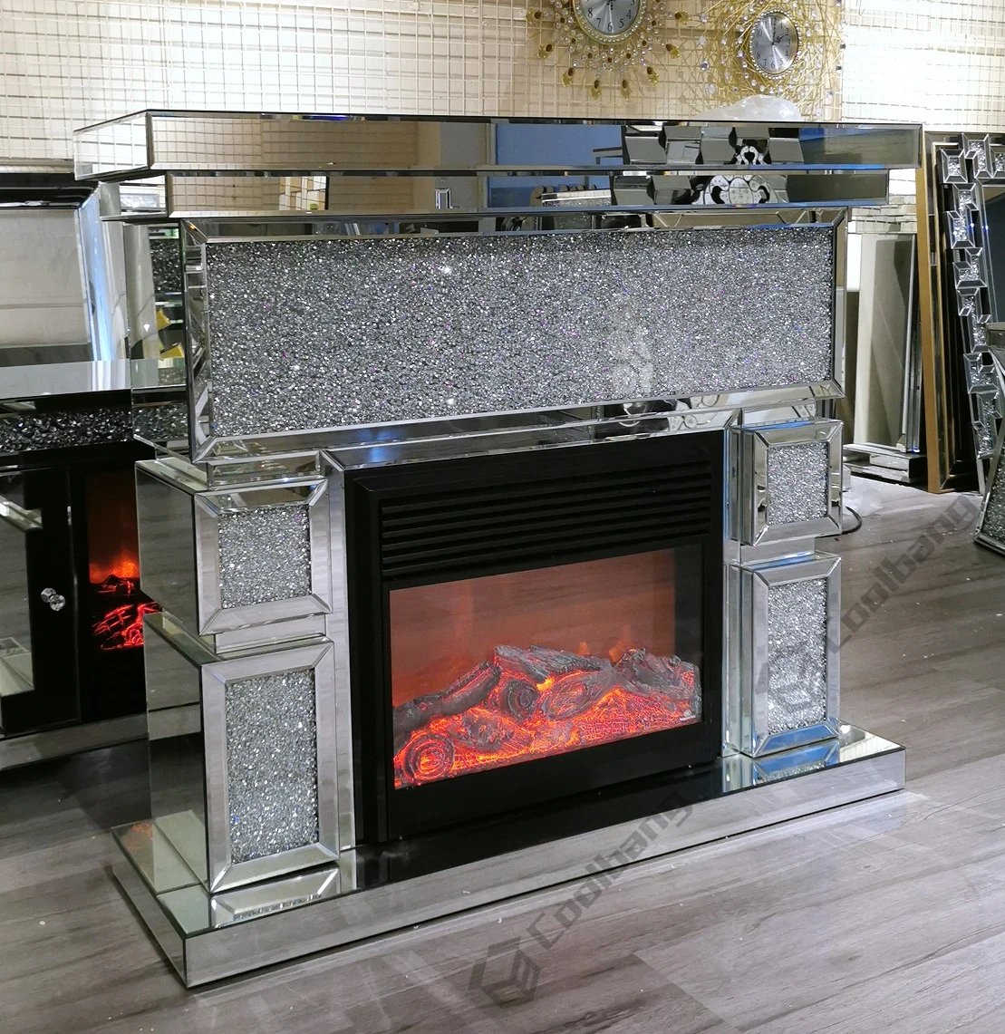 Muebles modernos con espejo para el hogar, calentador de chimenea eléctrico de diamante triturado decorativo para exteriores, chimeneas para exteriores