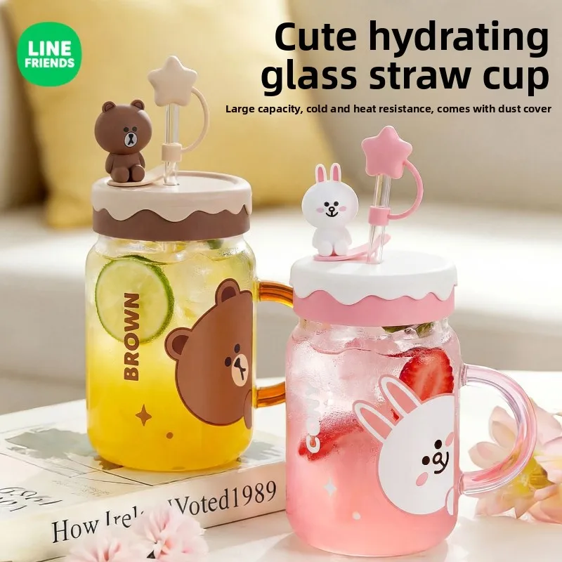 

LINE FRIENDS Brown Anime Cartoon Cute Glass Straw Cup Kawaii For Boys and Girls Couples With Lid Water Cup Juice Coffee Cup Gift