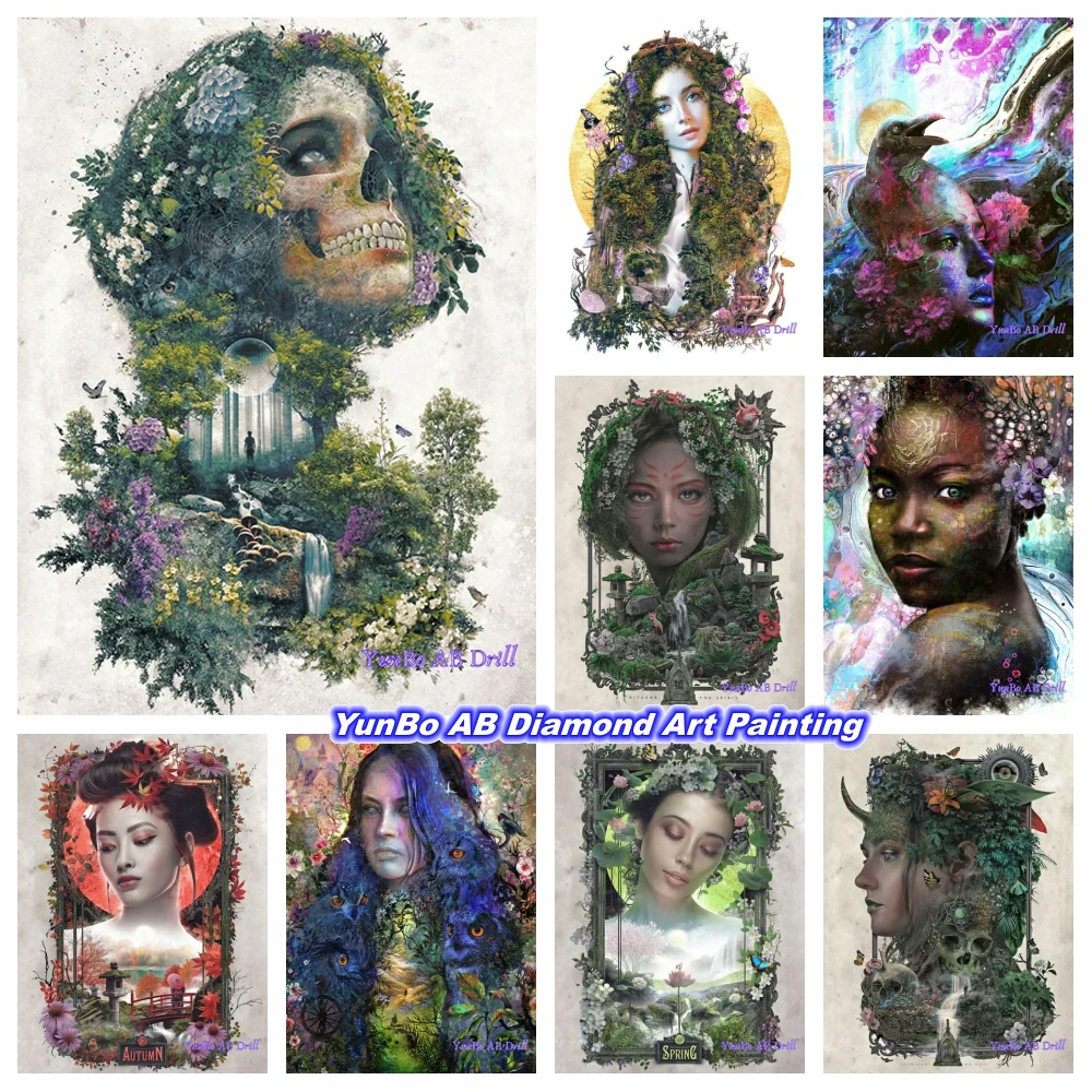 

Mother Earth Shinigami DIY AB Drill Diamond Painting Raven Life and Death Four Seasons Flower Art Mosaic Cross Stitch Home Decor