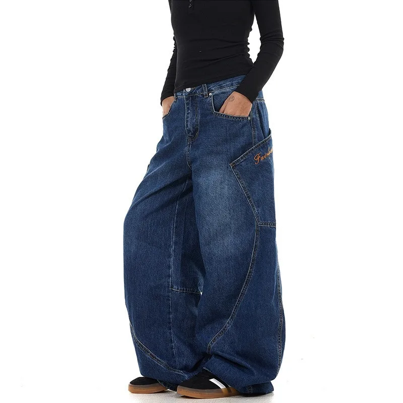 WTHT موضة الرجال غير النظامية المرقعة جيوب الدنيم السراويل خمر النمط الأمريكي فضفاض واسعة الساق الجينز الذكور 2025 الصيف 2A0782