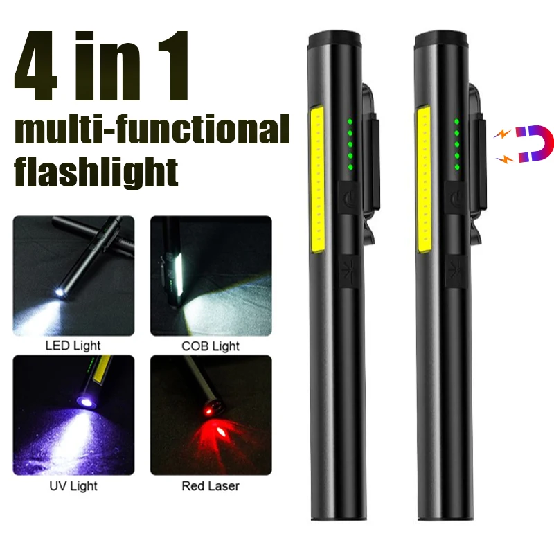 4 In 1Multifunctional Portable Flashlight UV/LED/COB Pen Light with Indicator Hand Held Work Light USB Rechargeable Waterproof