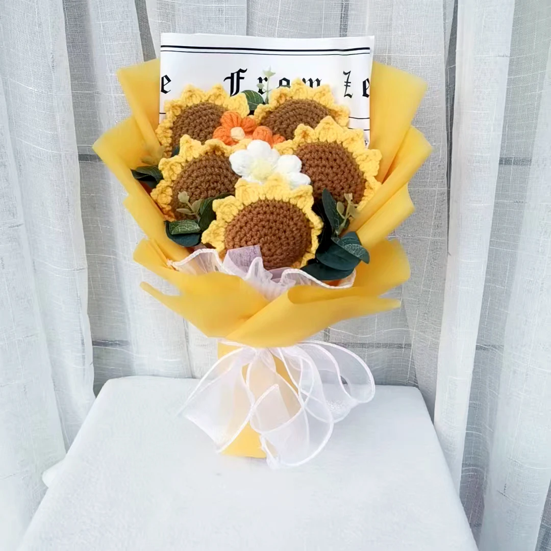 Handmade Crochet Cashmere Sunflower Bouquet  Valentine's Day Anniversary Wedding Mothers Day Birthday Christmas Gift