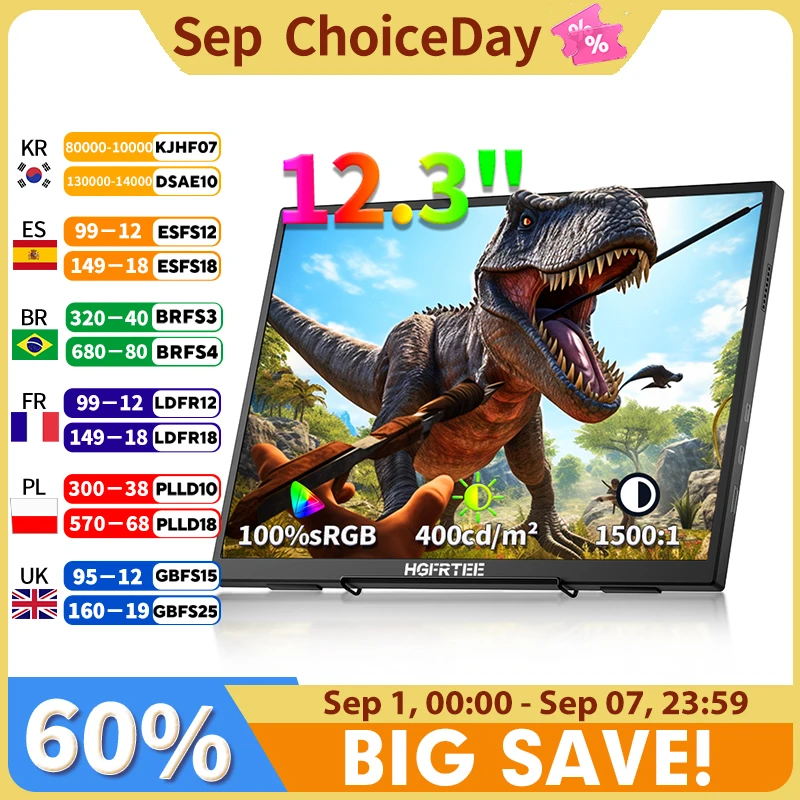 HGFRTEE 12.3inch Portable Monitor 3:2 400Cd/m² 100%sRGB Second Screen Gaming Extended Display for Mac Phone PS5 Xbox Switch