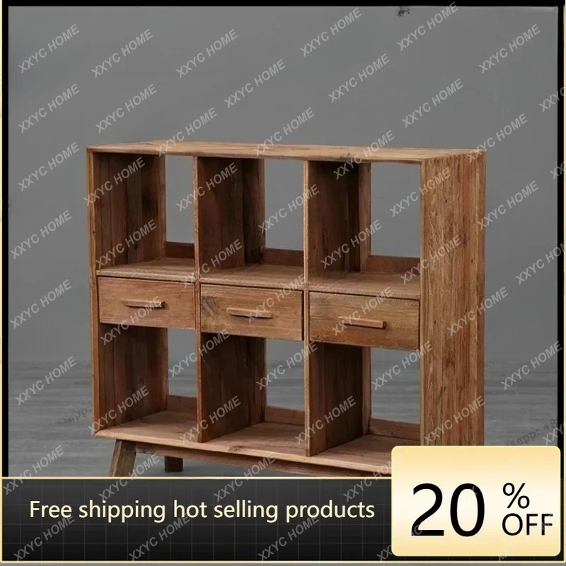 XX Retro bookcase, old pine six-grid three-bucket porch, homestay, clubhouse, cafe, solid wood side cabinet against the wall