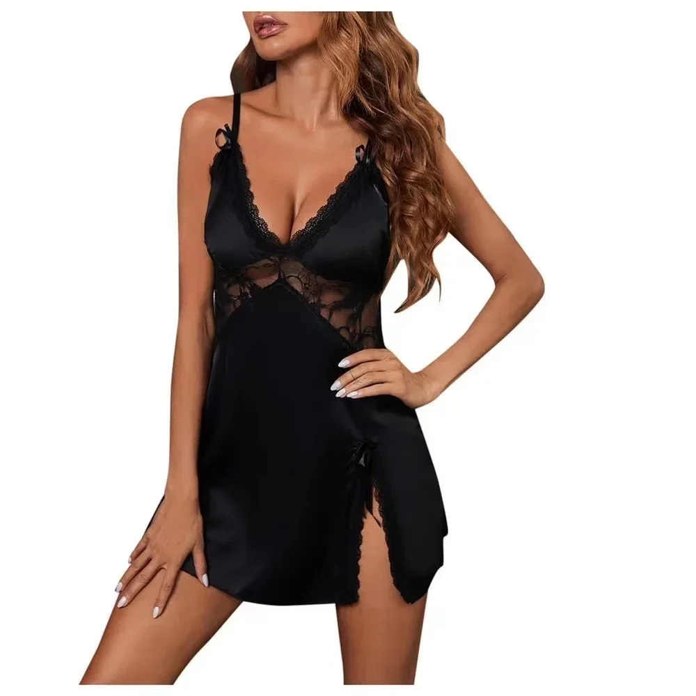 

Women Lace Lingerie Red Vent Babydoll V Neck Nightwear Sexy Chemise Nightie Bridal Negligee
