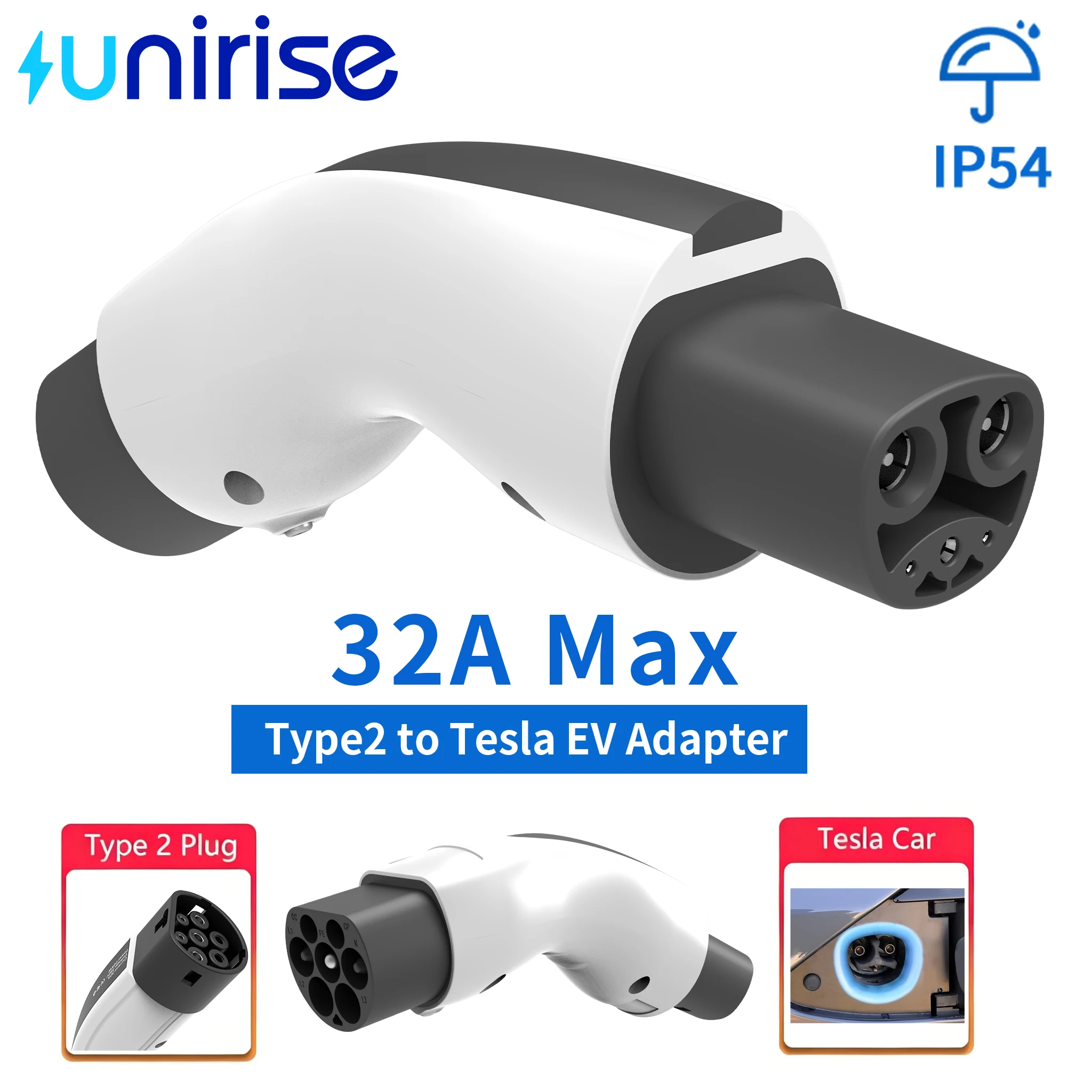 Unirise 7KW Type2 to NACS EV Adapter AC 250V 32A 1Phase IEC 62196 to Tesla Charging Converter for Model 3/X/Y/S EV Car charger