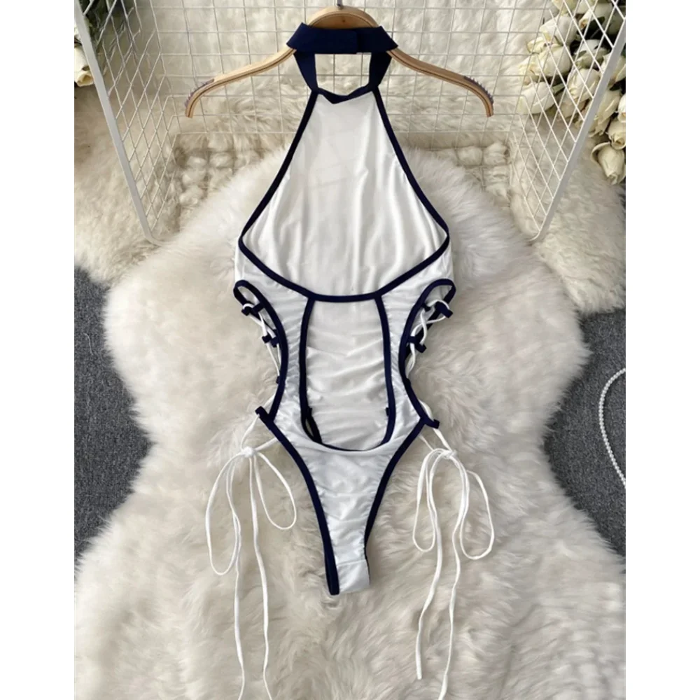 Women Sexy Halter Playsuits Fashion Drawstring Lace Up Design Transparent Bodysuits Slim Hollow Out Summer Rompers Hotsweet New