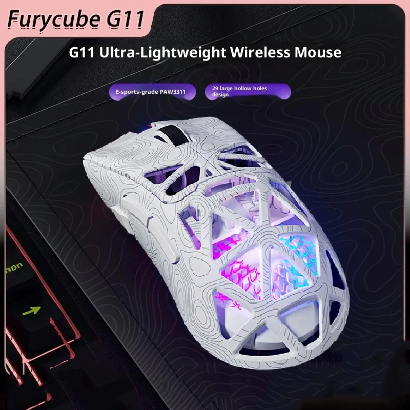 New Furycube G11 Mouse Wireless Bluetooth Mouse 3mode Hollow Game Mouses Paw3311 Rgb E-Sport Mouse Lightweight Game Accessories