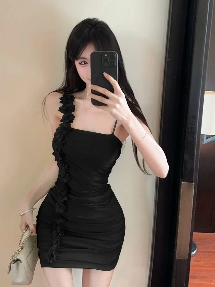 فستان ضيق مثير بنقشة زهور وشبكة، تصميم صيفي جديد على الطراز الكوري، ملابس نسائية تغطي المؤخرة