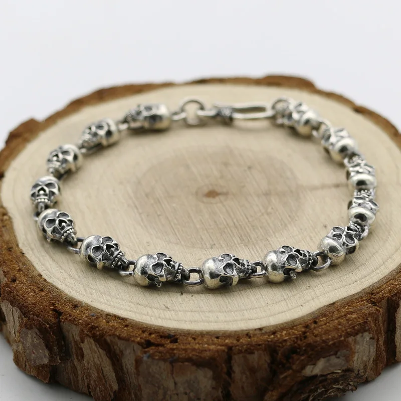 Pulsera Harajuku Wind Hip Hop, brazalete de calavera de plata pura europea y americana, trendsetter de personalidad masculina, Plata tailandesa no convencional