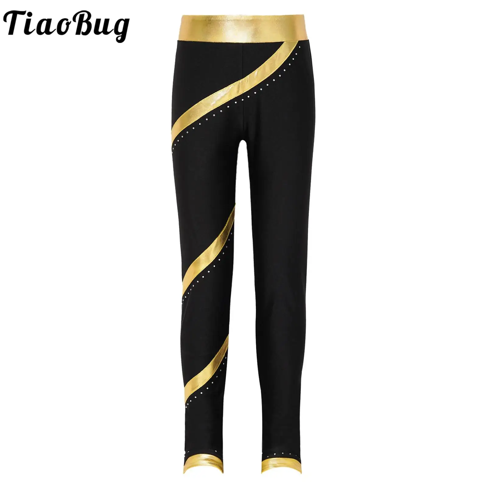 2023 Kids Girls High Waist Leggings Figure Skating Gymnastics Dance Performance Costume Shiny Rhinestones Metallic Striped Pants