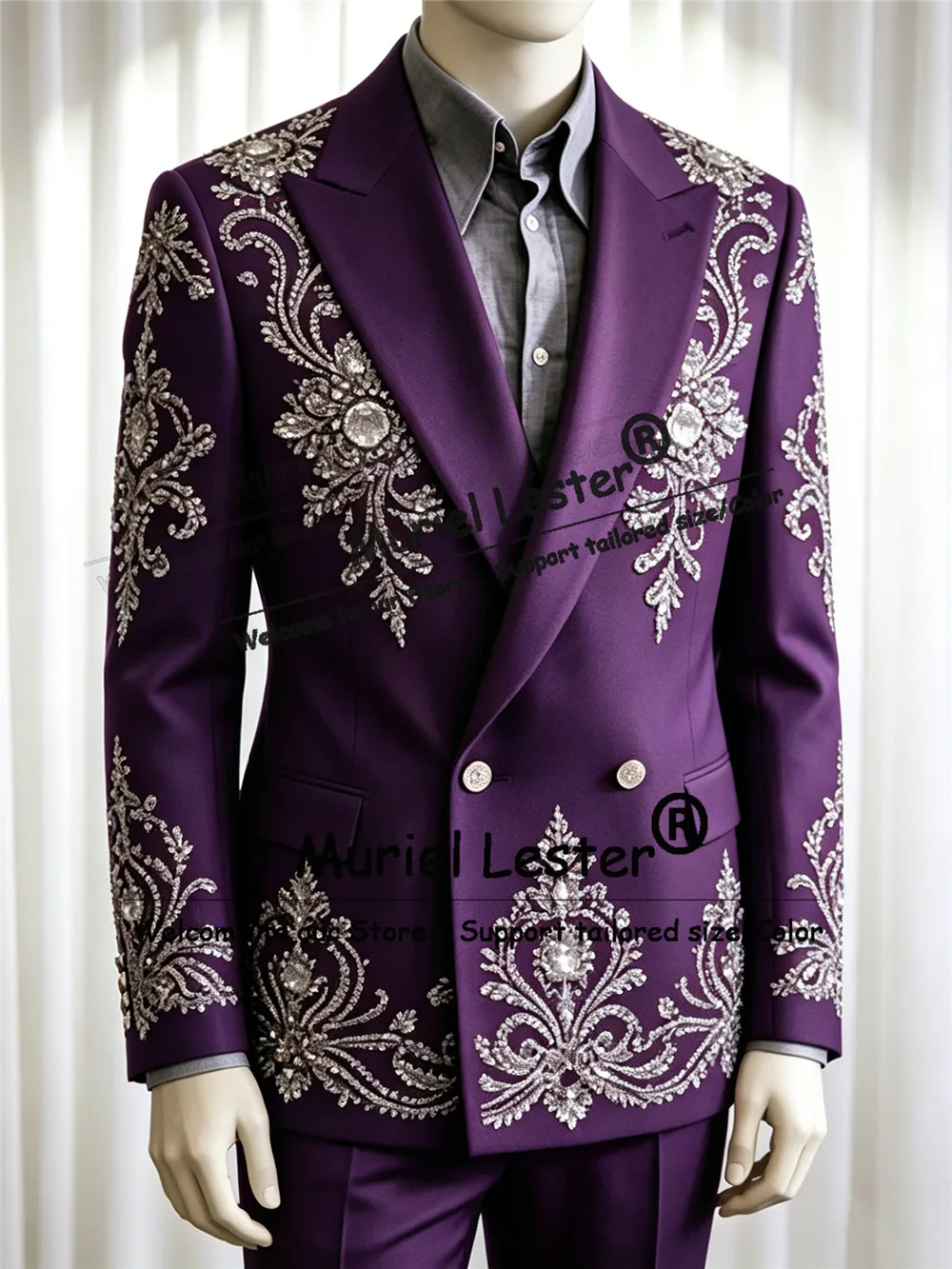 Customized Men Suit 2 Pieces Set Double Breasted Blazer Pants Beaded Groom Wedding Tuxedos Slim Fit Terno Masculinos Completo