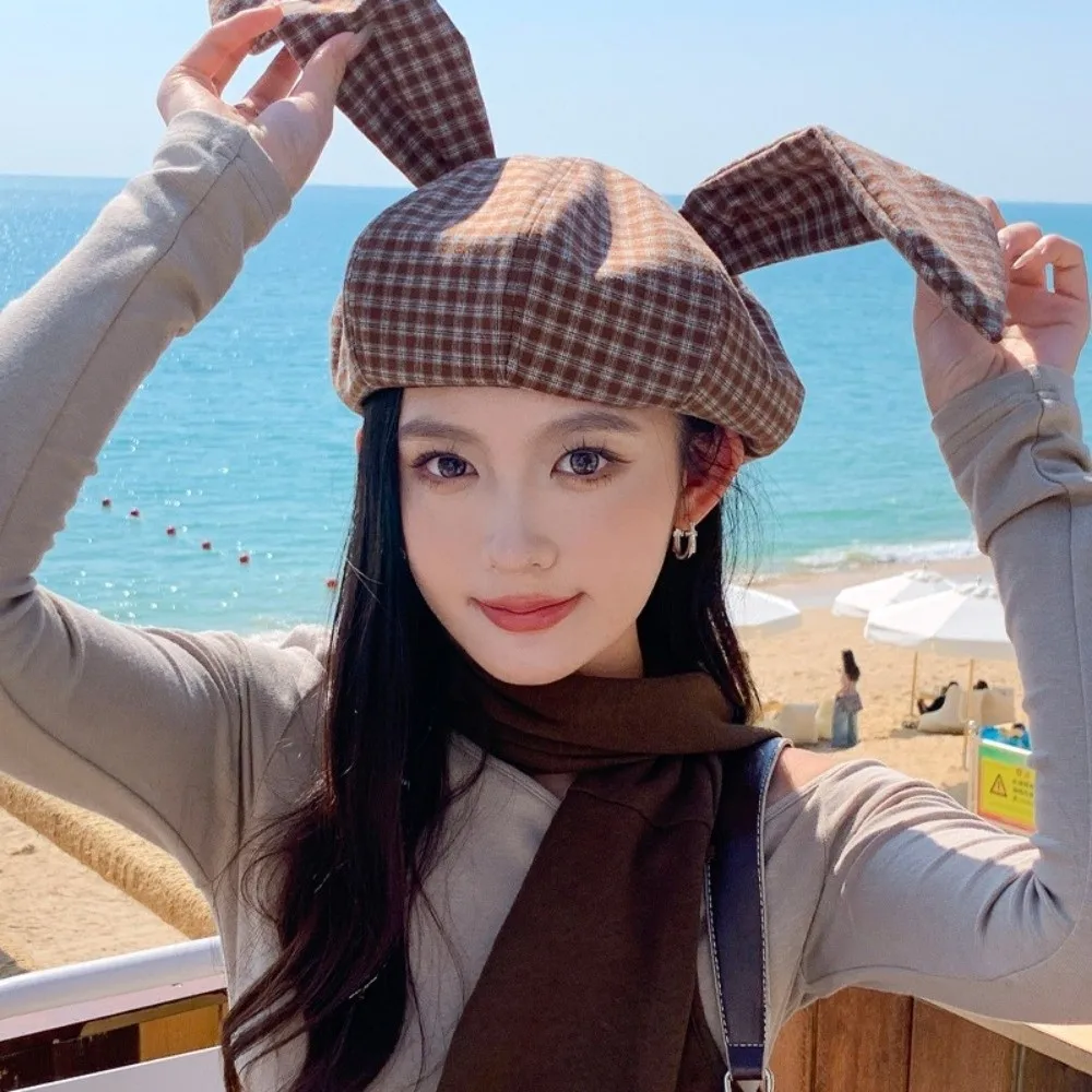 

Korean Style Rabbit Ears Octagonal Hat Versatile Big Head Circumference Spring Painter Cap Sunscreen Polyester Women Artist Hat