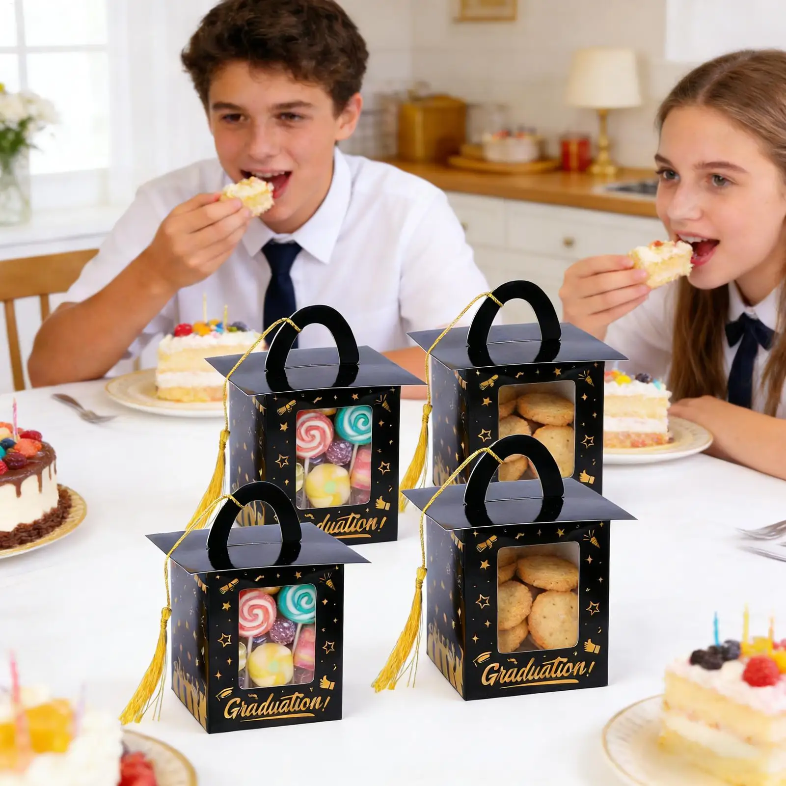 

Коробка для капкейков в форме выпускной шапочки, на 12 штук, с кисточками, для празднования выпускного, с прозрачным окном, для конфет, для выпускных вечеров в колледжах и университетах