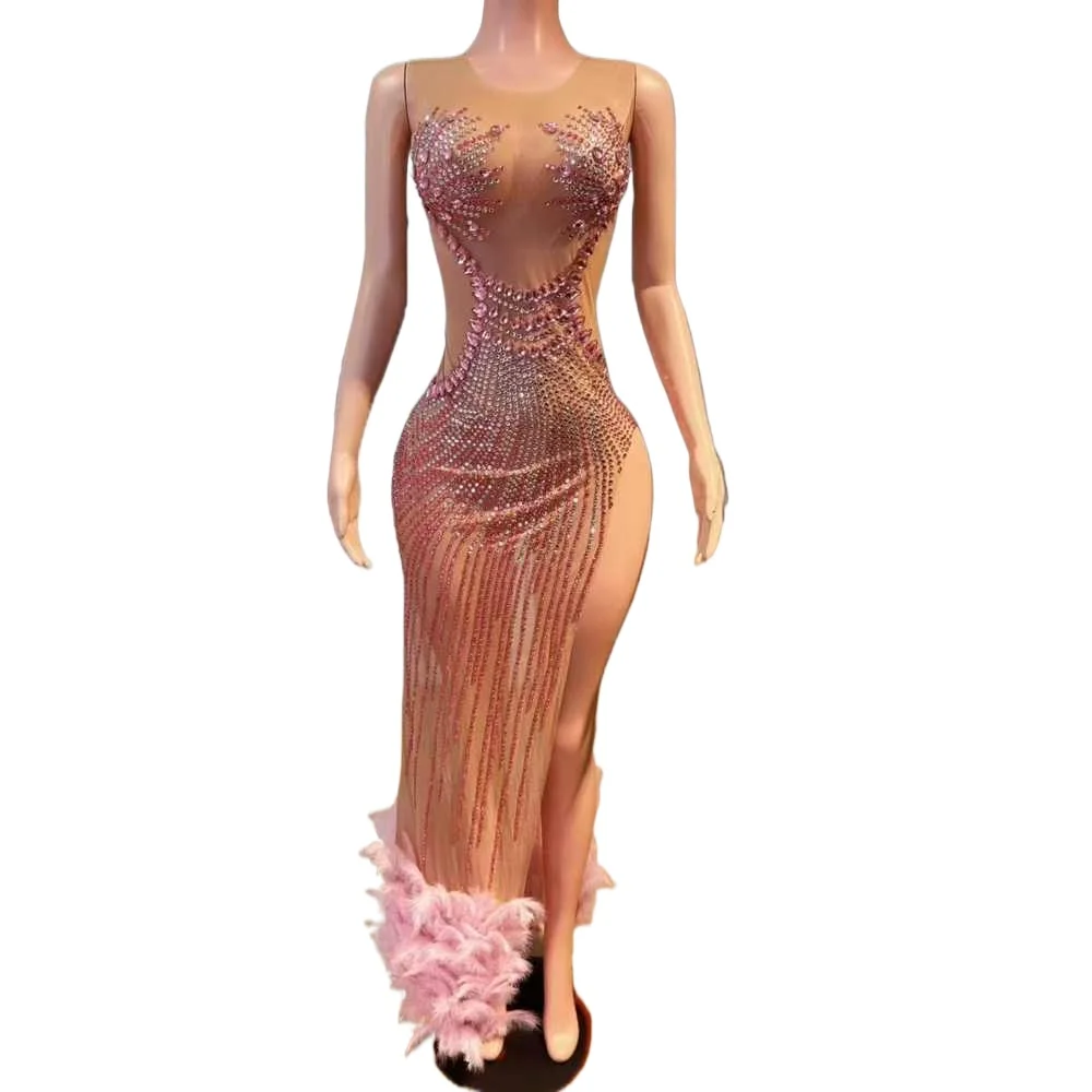 

Sparkly Rhinestones Feathers Dress for Women Sexy Mesh Transparent High Split Party Celebrate Birthday Dress Photo Shoot Costume