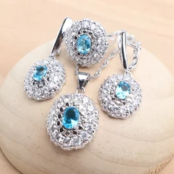 925 Silver Bridal Jewelry Sets Blue Zircon For Women Earrings Rings Pendant Wedding Necklace Set